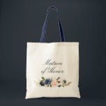 Navy en blush floral Matron of Honor Tote Bag<br><div class="desc">Een mooie canvas tas van de bloembride met blauw en roze blauwe rozen en je kunt de tekst en kleuren personaliseren.</div>