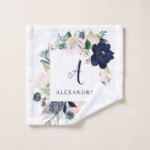 Navy en Blush Floral | Naam en monogram Bad Handdoek (Wasdoekje)