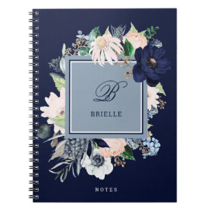Navy en Blush Floral   Naam en monogram Notitieboek