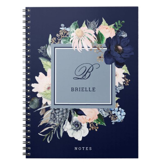 Navy en Blush Floral | Naam en monogram Notitieboek (Voorkant)