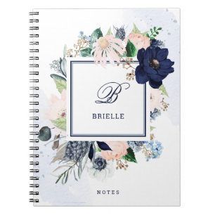 Navy en Blush Floral Naam en monogram Notitieboek