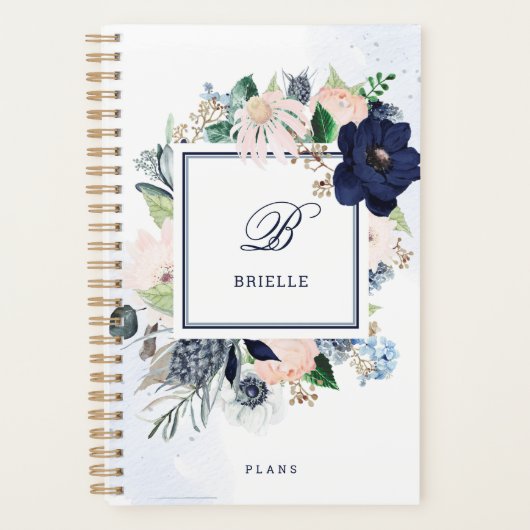 Navy en Blush Floral | Naam en monogram Planner (Voorkant)