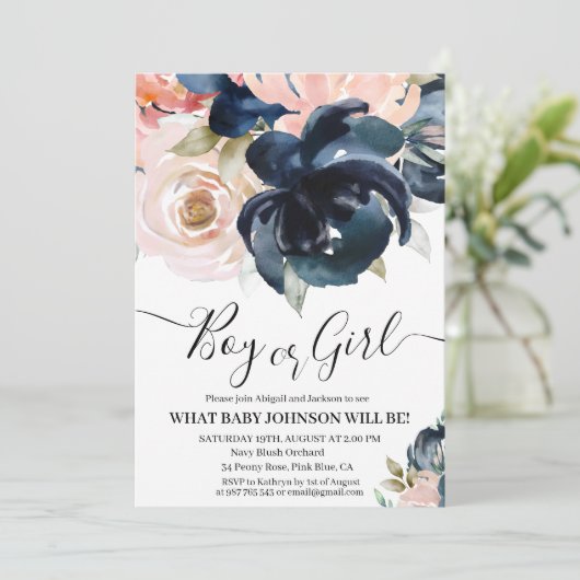 Navy en blush gender onthullen uitnodiging. kaart (Staand voorkant)