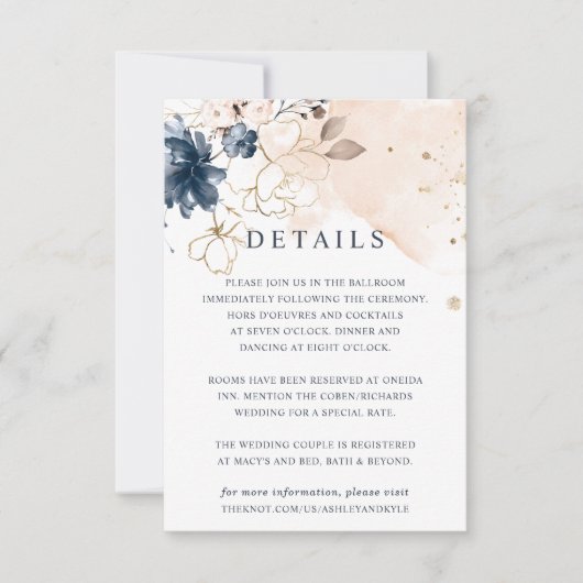 Navy en Blush Hand getrokken bloemen Details Kaart (Voorkant)