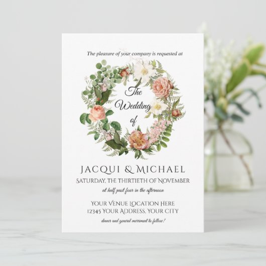 Navy en Blush Ivoren Rozen w Fern Krans Trouwen Kaart (Staand voorkant)