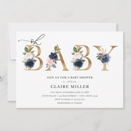 Navy en Blush Oh Baby Shower uitnodiging (Voorkant)