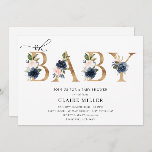 Navy en Blush Oh Baby Shower uitnodiging (Voorkant / Achterkant)