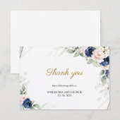 Navy en Blush Pink Floral Goud Groen Dank u Informatiekaartje (Voorkant / Achterkant)