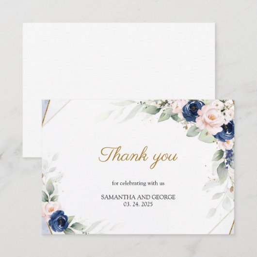 Navy en Blush Pink Floral Goud Groen Dank u Informatiekaartje (Voorkant / Achterkant)