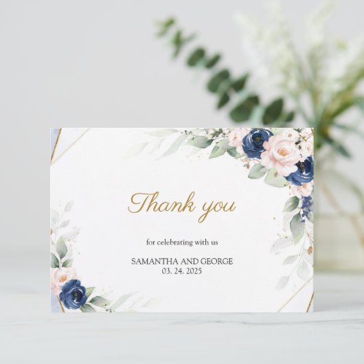 Navy en Blush Pink Floral Goud Groen Dank u Informatiekaartje (Staand voorkant)