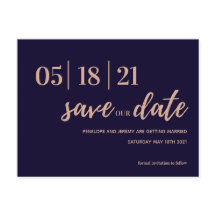 Navy en Blush Pink Modern Script slaan de datum op