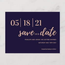 Navy en Blush Pink Modern Script slaan de datum op Briefkaart