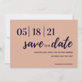Navy en Blush Pink Modern Script slaan de datum op Save The Date
