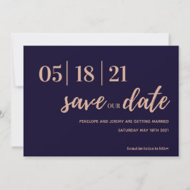 Navy en Blush Pink Modern Script slaan de datum op Save The Date