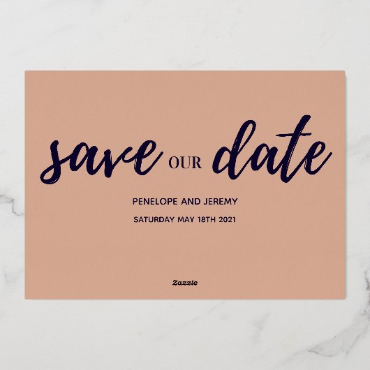 Navy en blush roze gouden folie script opslaan van folie uitnodiging (Achterkant)