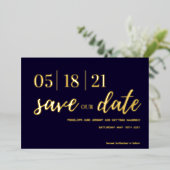 Navy en blush roze gouden folie script opslaan van uitnodiging (Staand Voorkant)