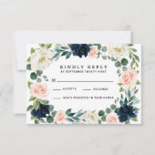 Navy en Blush Roze Waterverf Bruiloft RSVP Kaarten (Voorkant)