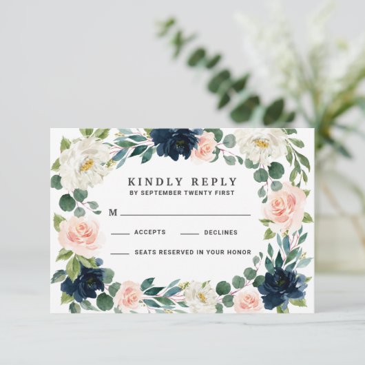 Navy en Blush Roze Waterverf Bruiloft RSVP Kaarten (Staand voorkant)