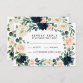 Navy en Blush Roze Waterverf Bruiloft RSVP Kaarten (Voorkant / Achterkant)