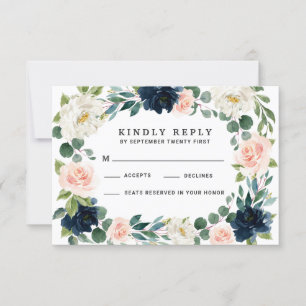 Navy en Blush Roze Waterverf Bruiloft RSVP Kaarten Kaartje