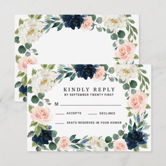 Navy en Blush Roze Waterverf Bruiloft RSVP Kaarten Kaartje (Voorkant / Achterkant)
