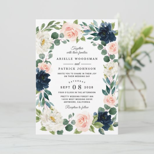 Navy en Blush Roze Waterverf bruiloft uitnodiginge Kaart (Staand voorkant)