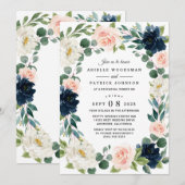 Navy en Blush Roze Waterverf repetitie diner Kaart (Voorkant / Achterkant)