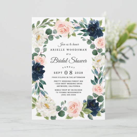 Navy en Blush Roze Waterverf Vrijgezellenfeest Kaart (Staand voorkant)