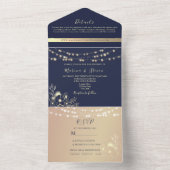 Navy en Blush String Lights Wedding All In One Uitnodiging (Binnen)