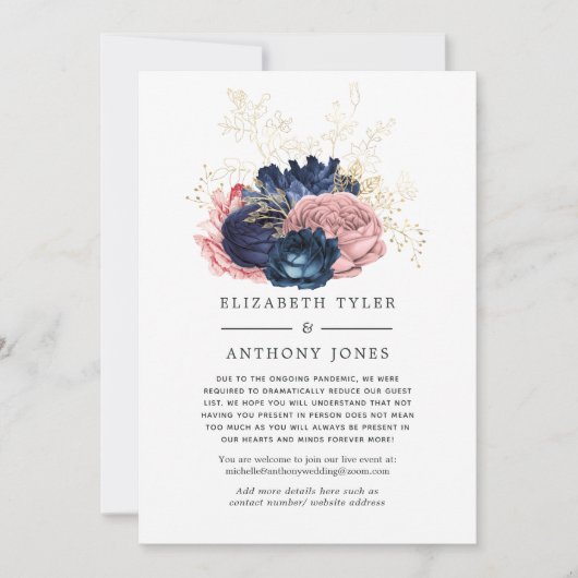 Navy en Blush Vintage Bloemengastlijst Gereduceerd Aankondiging (Voorkant)