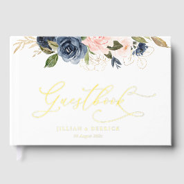 Navy en Blush waterverf Bloemen Trouwen Gastenboek