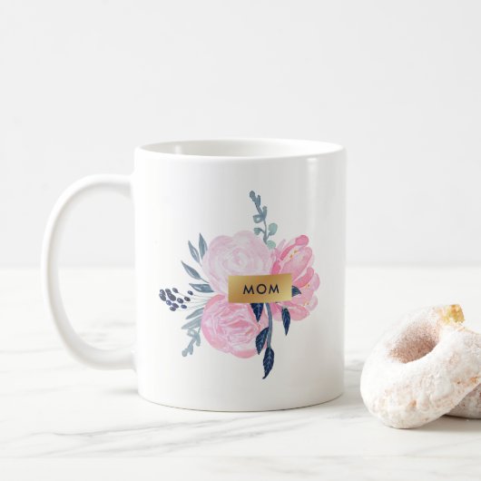 Navy en Blush Waterverf Bloemen voor Mam Koffiemok (Met donut)