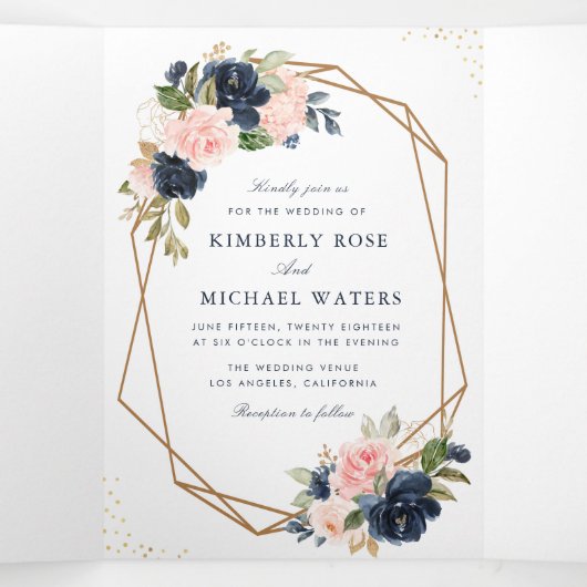 Navy en blush waterverf bloemenbruiloft drieluik aankondiging (Binnenkant midden)