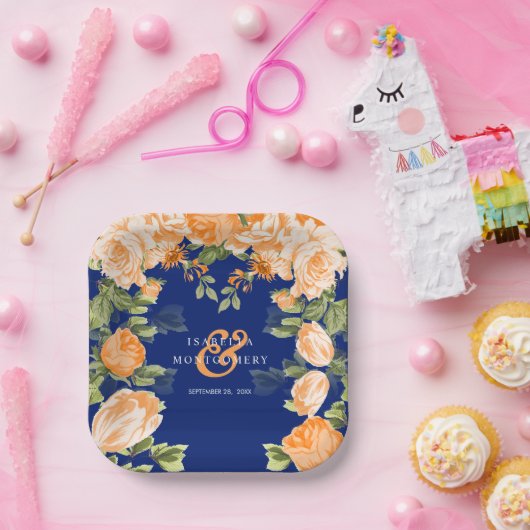 Navy en Botanische Sinaasappels Papieren Bordje (Feest)