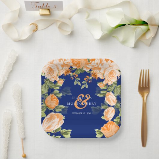 Navy en Botanische Sinaasappels Papieren Bordje (Huwelijk)