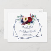 Navy en Bourgogne Wijnmakerij Boeket Save the Date Aankondigingskaart (Voorkant / Achterkant)