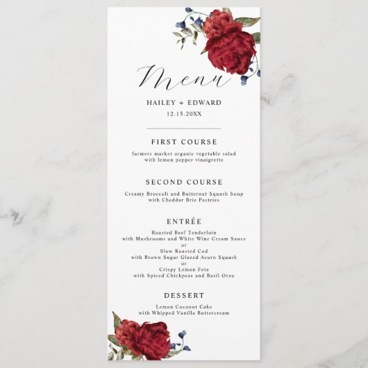 Navy en Bourgondië Floral bruiloft diner Menu (Voorkant)