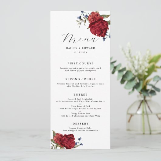 Navy en Bourgondië Floral bruiloft diner Menu (Staand voorkant)