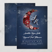 Navy en Bourgondië Floral Sterrennacht Moon bruilo Kaart (Voorkant / Achterkant)