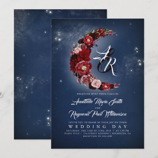 Navy en Bourgondië Floral Sterrennacht Moon bruilo Kaart (Voorkant / Achterkant)