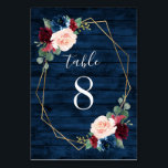 Navy en Bourgondië Gold Blush Bruiloft Tafel Numme Kaart<br><div class="desc">Navy Blue Burgundy Gold Blush Pink Country Wedding Table Number Kaarten - hebben een donkerblauwe schuur of houtnerf achtergrond versierd met een bedrukt gouden geometrische lijst dat is afgezet met bloemen en groene elementen in tinten van marine, roze, bordeaux en meer. Uitzicht het overeenkomende collectie op deze pagina om coördinerende...</div>