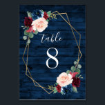 Navy en Bourgondië Gold Blush Bruiloft Tafel Numme Kaart<br><div class="desc">Navy Blue Burgundy Gold Blush Pink Country Wedding Table Number Kaarten - hebben een donkerblauwe schuur of houtnerf achtergrond versierd met een bedrukt gouden geometrische lijst dat is afgezet met bloemen en groene elementen in tinten van marine, roze, bordeaux en meer. Uitzicht het overeenkomende collectie op deze pagina om coördinerende...</div>