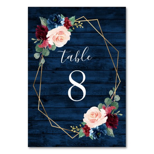 Navy en Bourgondië Gold Blush Bruiloft Tafel Numme Kaart (Voorkant)