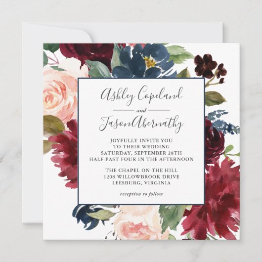 Navy en Bourgondische Waterverf Bloemenbruiloft Kaart (Voorkant)