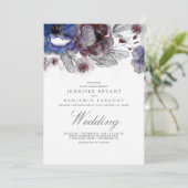 Navy en Bourgondische Waterverf Bloemenbruiloft Kaart (Staand voorkant)