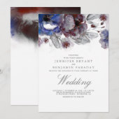 Navy en Bourgondische Waterverf Bloemenbruiloft Kaart (Voorkant / Achterkant)