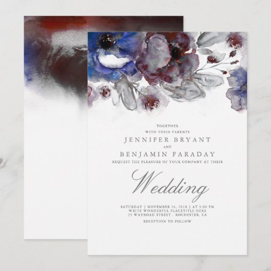 Navy en Bourgondische Waterverf Bloemenbruiloft Kaart (Voorkant / Achterkant)