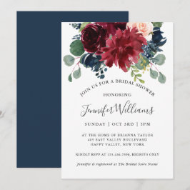 Navy en Bourgondische Waterverf Floral Vrijgezelle Kaart