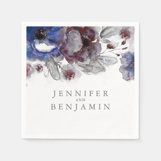 Navy en Bourgondische Waterverf Flowers Servet (Voorkant)