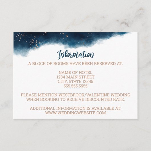 Navy en Bronzen Waterverf Bruiloft Informatiekaartje (Voorkant)